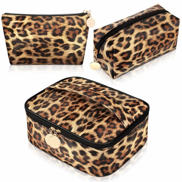 3 Pieces Leopard Print Cosmetic Bag Set Cheetah Toiletry ...