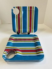 Set Of 6 Melamine Snack Plates W/Drink Holders Blue Stripe Casual Picnics Kids
