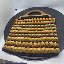 70 s Vintage Handmade Purse Crochet Double Wood Handle Multicolor Lined Boho