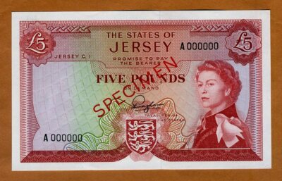 Jersey, SPECIMEN, 5 pounds, ND (1963), QEII, P-9s1, Sig. 1