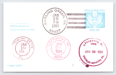 #ad 1984 Official Mail Postcard Bowling Green VA Bradenton FL Venice Nokomis Cancels $7.95