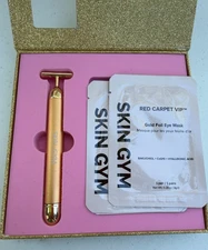 Skin Gym 24K Gold Kit Beauty Lifter Vibrating T-Bar & 3 Gold Foil Eye Masks New!