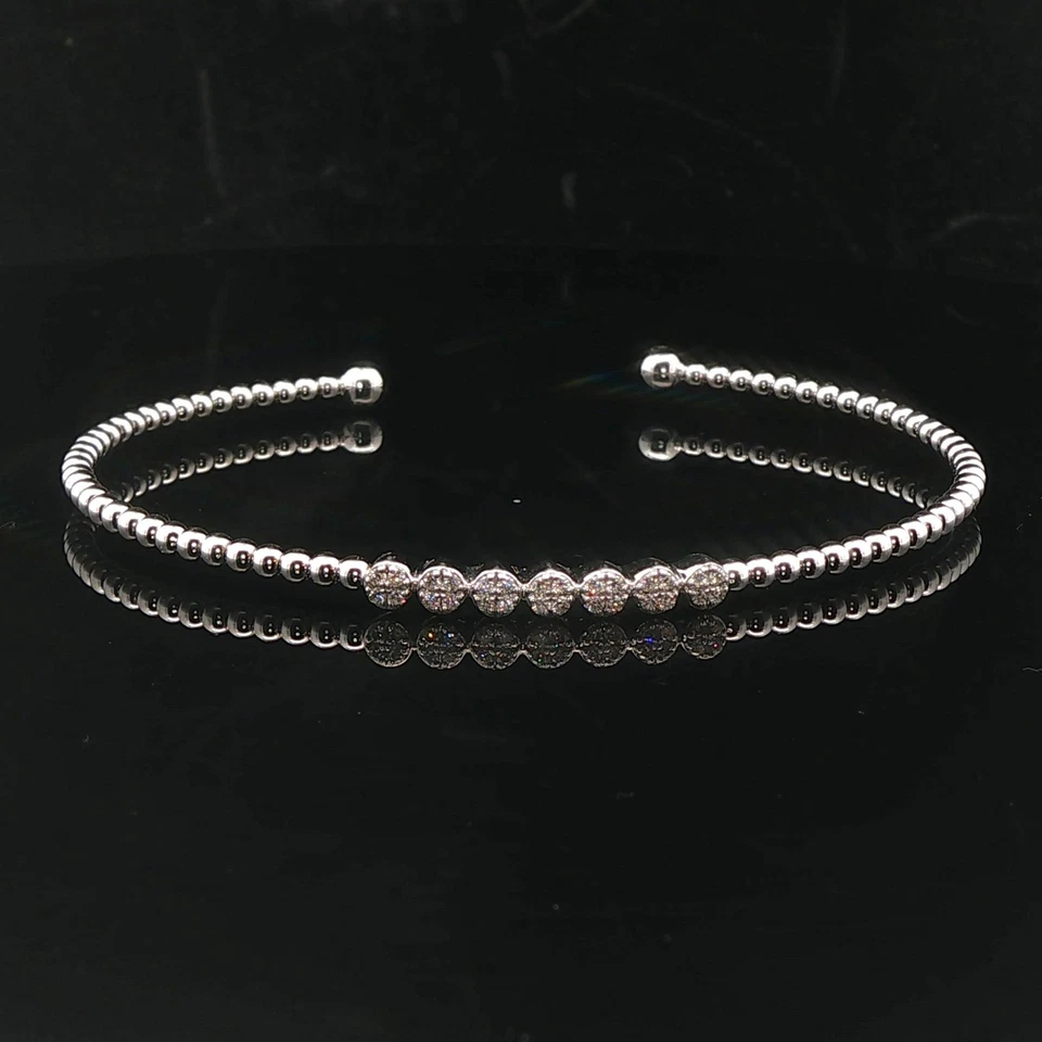 14k White Gold and Diamond Beaded Ball Flex Cuff Bracelet 6.75" - Image 3 of 4