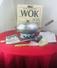 Vtg 1970s Hand Hammered Chinese Wok Set 14.5” Carbon Steel Lid Tools Heavy Duty