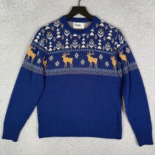 Vintage 80s Knit Caribou Sweater Women's Medium Blue Fair Isle Reindeer