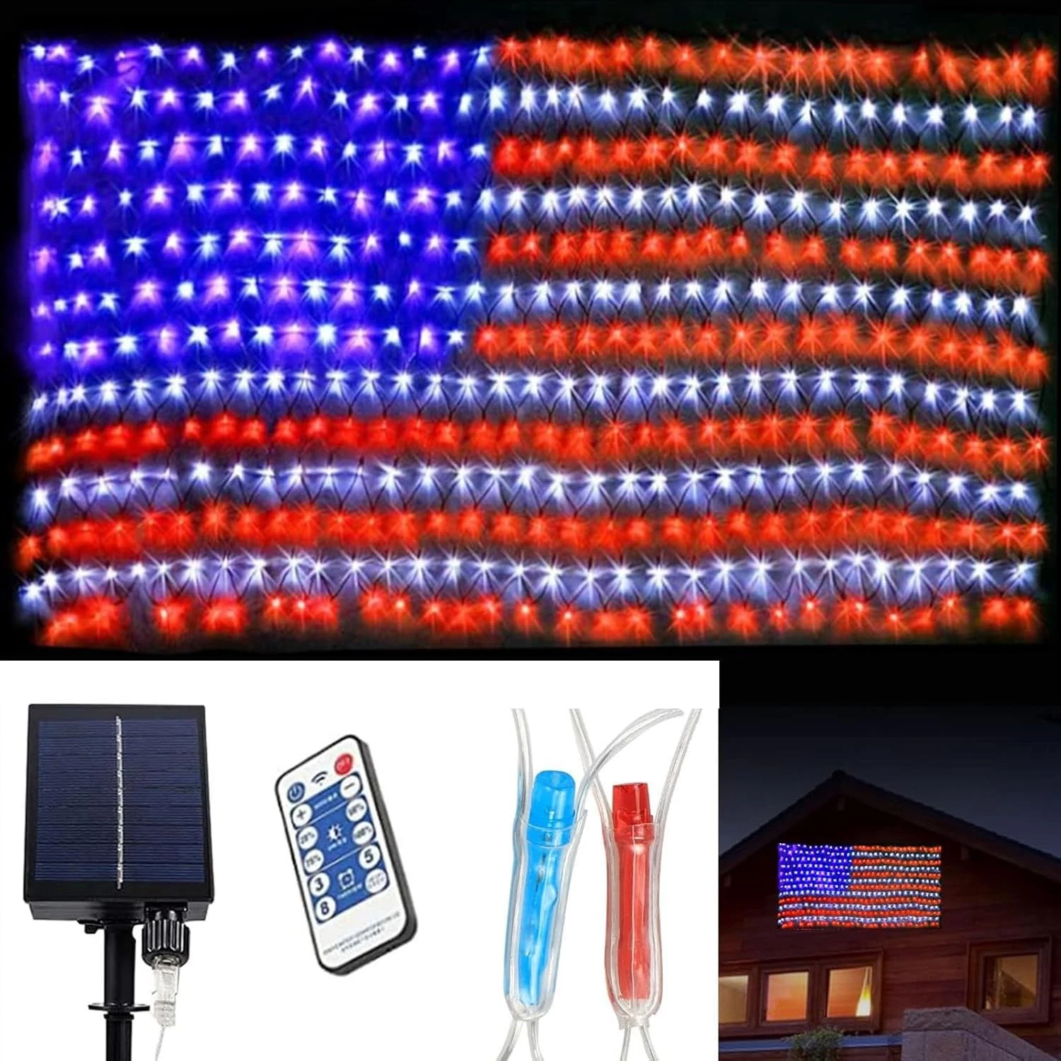 Solar American Flag Net Lights, 420 LED Red White Blue 4th of July Decoration...