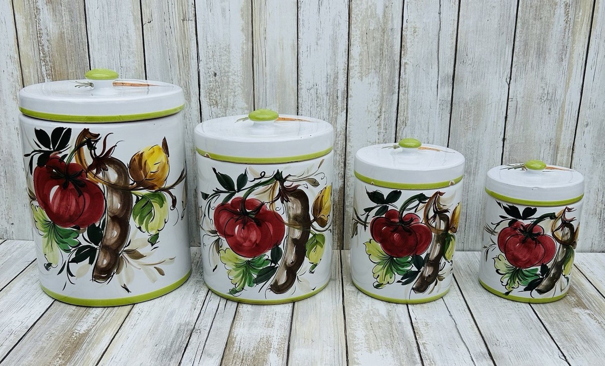 Italy Canisters With Hand Painted Vegetables, Set Of