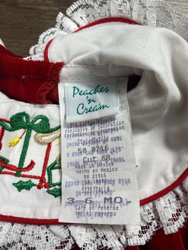 Vtg 90s Peaches & Cream Baby Girl Red Velvet Embroidered Holiday Dress Sz 3-6m - Image 3 of 4