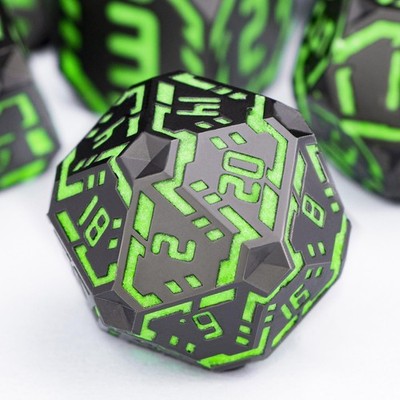 OGCOPHEN Metal DND Sci-fi Dice Set 7PCS Luminous Large, Nightlight - Green 