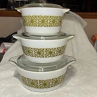 Vintage PYREX Verde Green Square Flowers Casserole Set with Lids 473 474b 475b