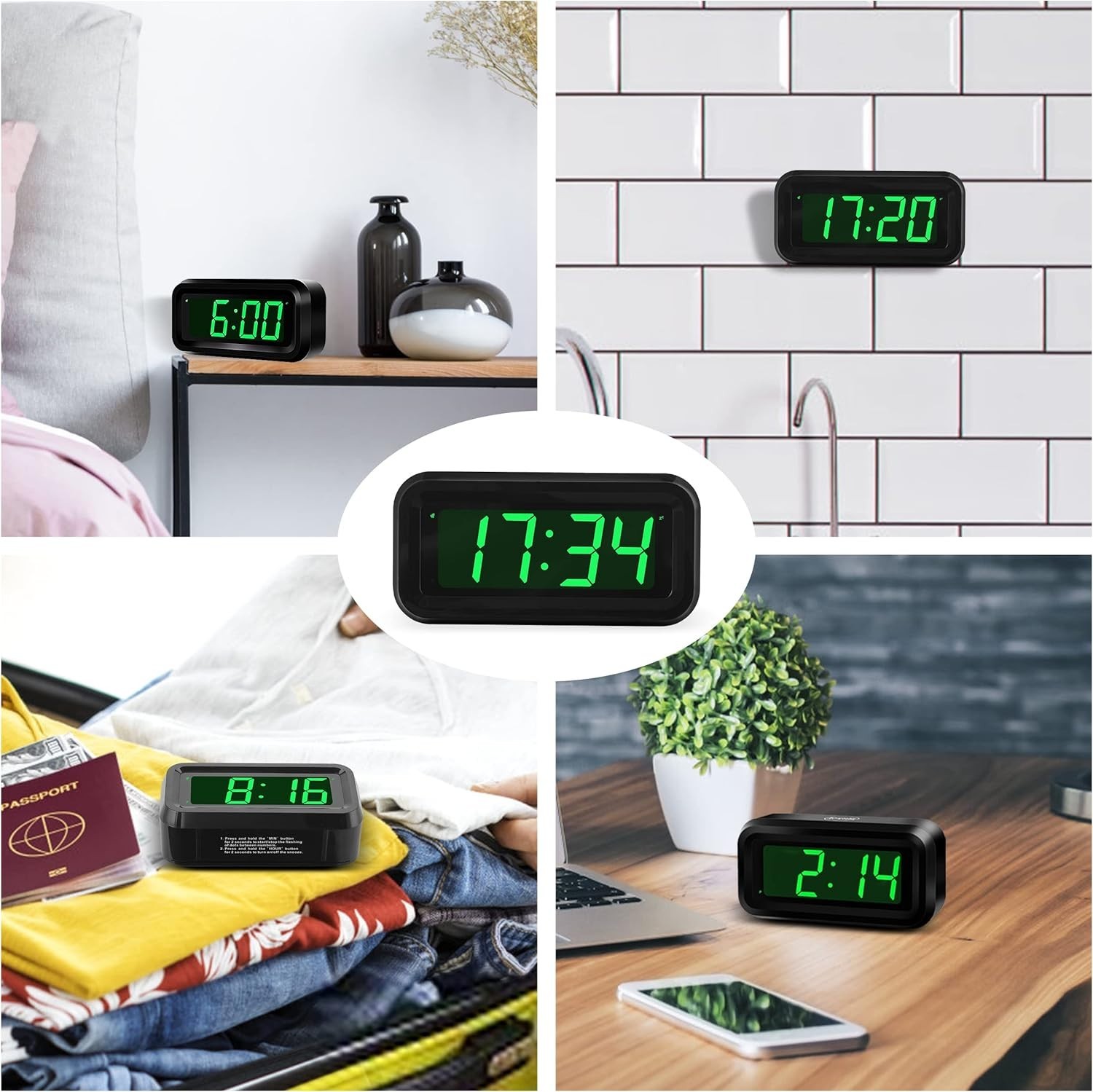 Digital Alarm Clock Small LED Wall-Mount Battery Operated Night Mode