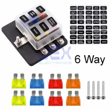 6-Way ATC ATO Blade Fuse Box Holder Power Distribution Block Car RV Trailer Boat