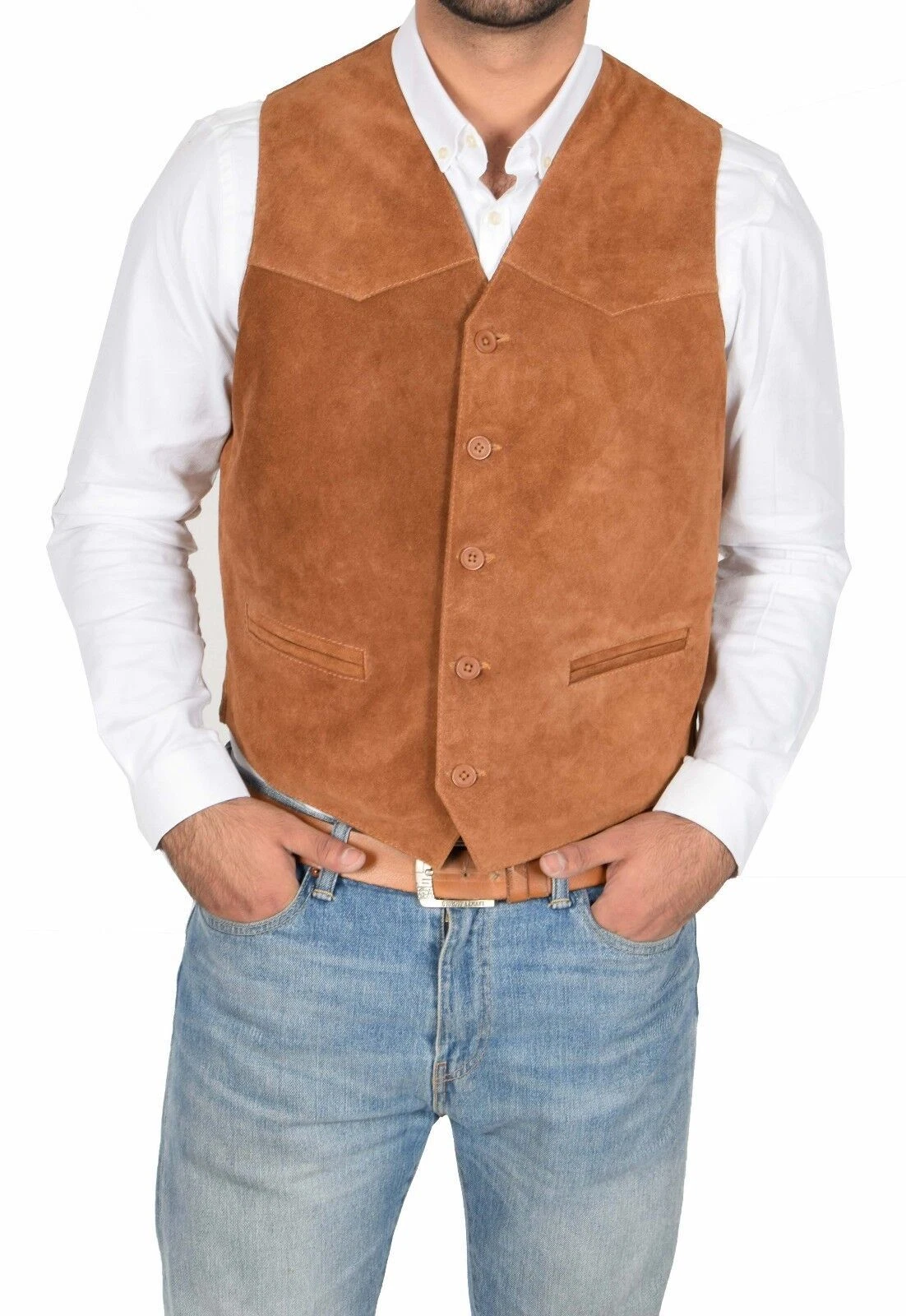 Men's Tan Suede Lamsbkin Waistcoat Classic Stylish Causal Wear Vest Coat
