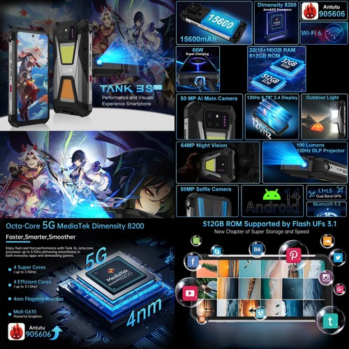 Unihertz 8849 Tank 3S Projector Rugged Phone 32GB+512GB Android 14 Global Vision - Picture 3 of 7