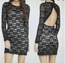 Express Black Lace Dress Open-Back Mini Bodycon Long Sleeve Fitted Stretch NG5 M