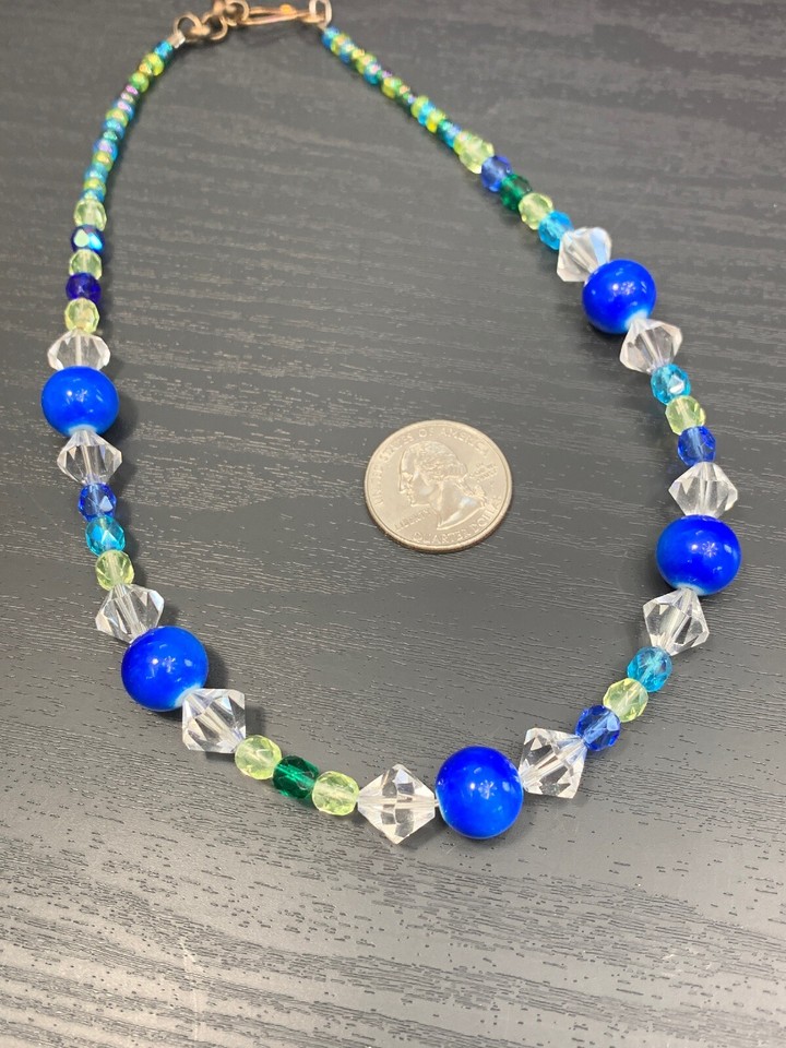 VINTAGE 16” Amazing Blue Green Clear Crystal Beaded Flower Girl