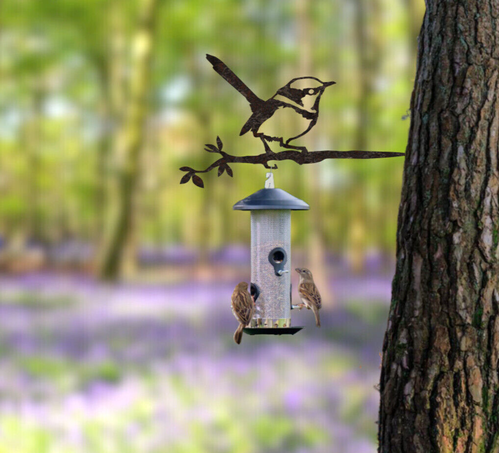 Wren Twig Silhouette Metal Bird Feeder Hanger Rusty Metal garden Art