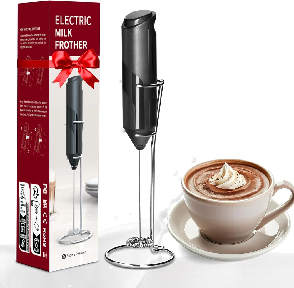 Milk Frother Handheld, Battery Operated, Whisk Maker, w/ Stainless Steel Stand