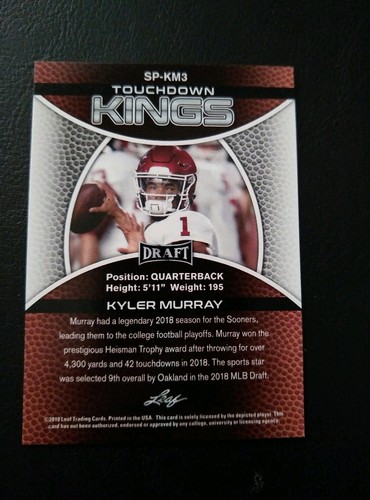 KYLER MURRAY .. 2019 LEAF NFL DRAFT PROSPECTS .. TOUCHDOWN KINGS INSERT .. GOLD - Foto 2 di 2