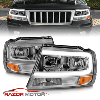 [LED Bar]1999-2004 For Jeep Grand Cherokee Chrome LED Bar Headlights