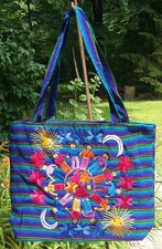 Maya Mexican Hand Embroidered Zipper Tote Bag Chiapas Rainbow Sun Moon People