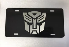 Transformers Autobot Logo Car Tag Diamond Etch on Black Aluminum License Plate