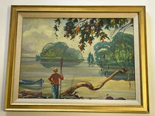 Antique Wpa Era Oil Painting Fishermen Landscape Masterful Impressionist WOW