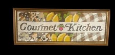 Vintage framed needlepoint "Gourmet Kitchen" - 20" L x 8" H