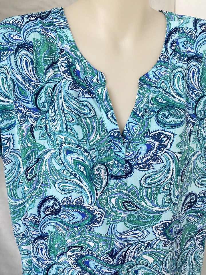 Blue Illusion Aqua Boho Shift Dress 3 18 Turquoise Paisley Beach Short Sleeves - image 3 of 4