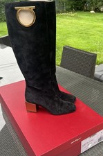Salvatore Ferragamo Womens Avio Black Suede Knee High Boots Sz 37 Italy