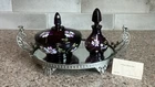 Fenton Vanity Set Amethyst Purple Flowers Powder Dish Perfume Bottle Tray  READ