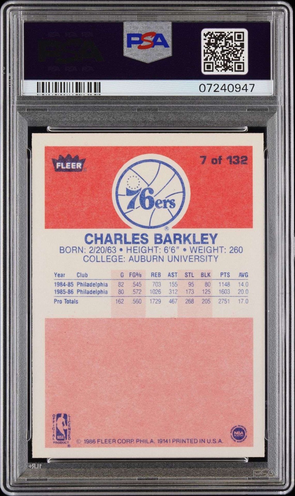 1986 FLEER #7 CHARLES BARKLEY ROOKIE RC PSA 10 view 2