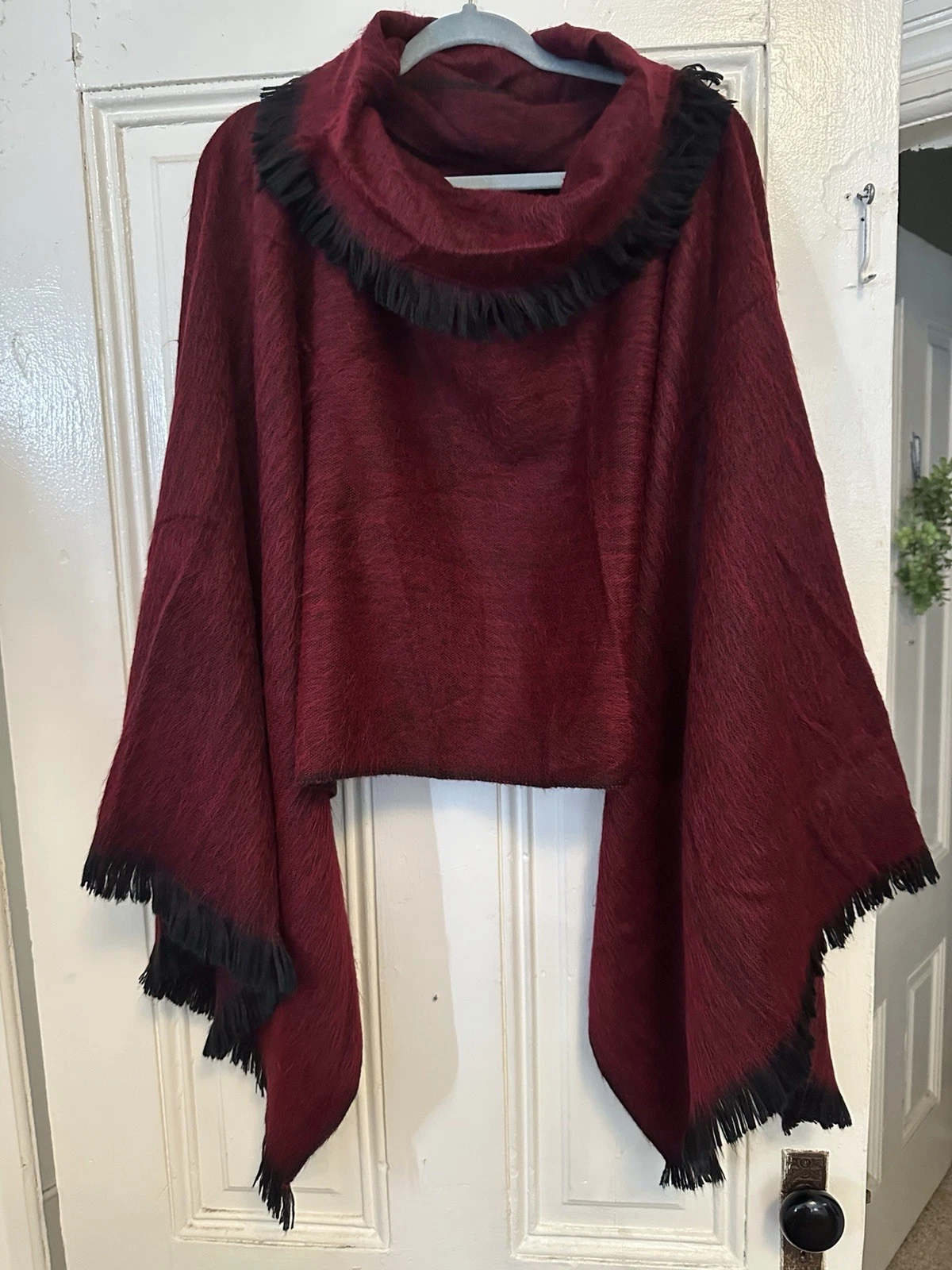 Shupaca Alpaca Wool Poncho NWOT One Size Burgundy With Fringe Western Boho Vibes