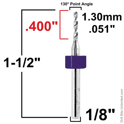 1.3mm .051" Solid Carbide Drill Bits - 5 PIECES -1/8" Shank 1.30mm Premium R/S - Picture 2 of 4