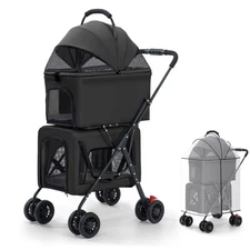 Pet Stroller Double Deck 4 Wheels Withe Rain Cover - Easy-Fold Dog Cat Stroll...