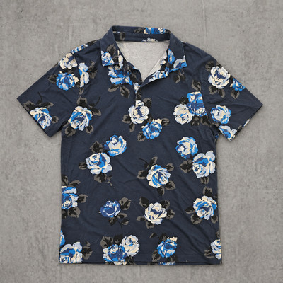 Express Men's S Polo Shirt Navy Floral Cotton Spandex Short Sleeve
