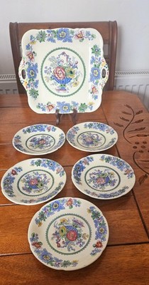Masons Strathmore blau Transferware quadratische Platte mit Griffen und 5 kleinen Tellern