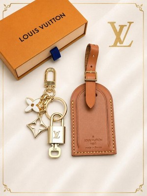 Authentic Louis Vuitton Large Brown Luggage Tag Gold LV Padlock Key + Bag Charm