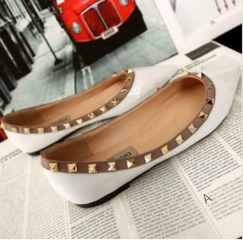 Ladies Roman Rivet Studded Pointed Toe Flat Heel Pump Court Party Shoes ...