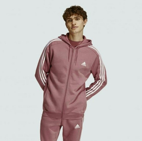 Men's Adidas Essentials 3-Stripe Full Zip Fleece Hooded Sweatshirt Size Medium