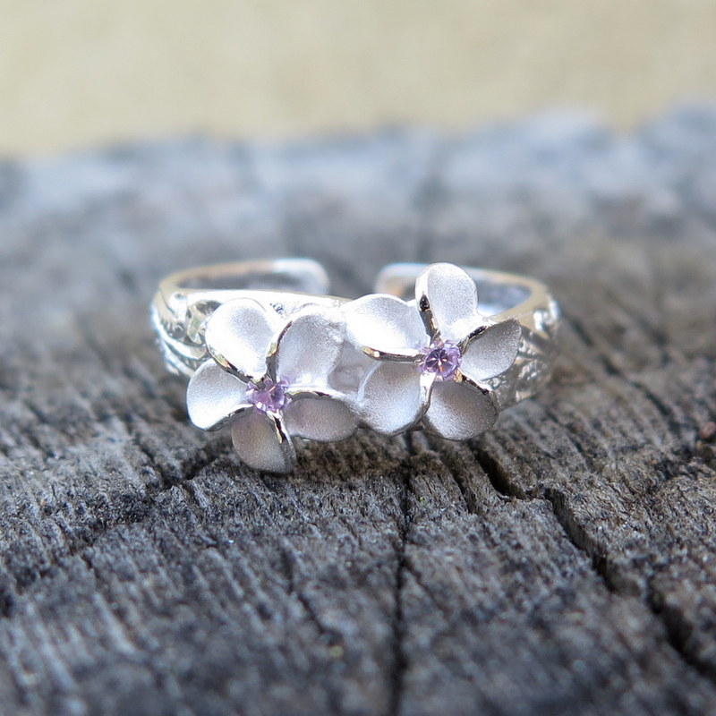 Hawaiian 925K Sterling Silver 2 Plumeria Pink Center CZ Toe Ring 6mm TR1182