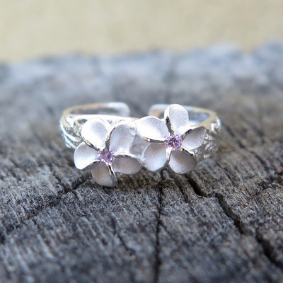 Hawaiian 925K Sterling Silver 2 Plumeria Pink Center CZ Toe Ring