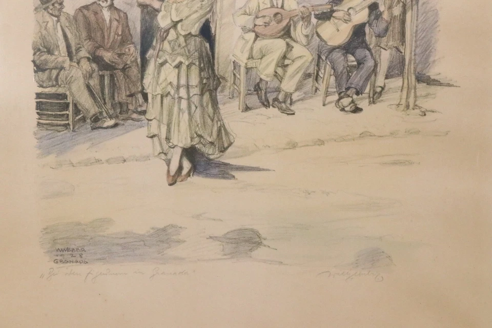 WILLY WEBER ~ Zigeuner in Granada ~ Lithographie handkoloriert 1928 lithography - Bild 4 von 4