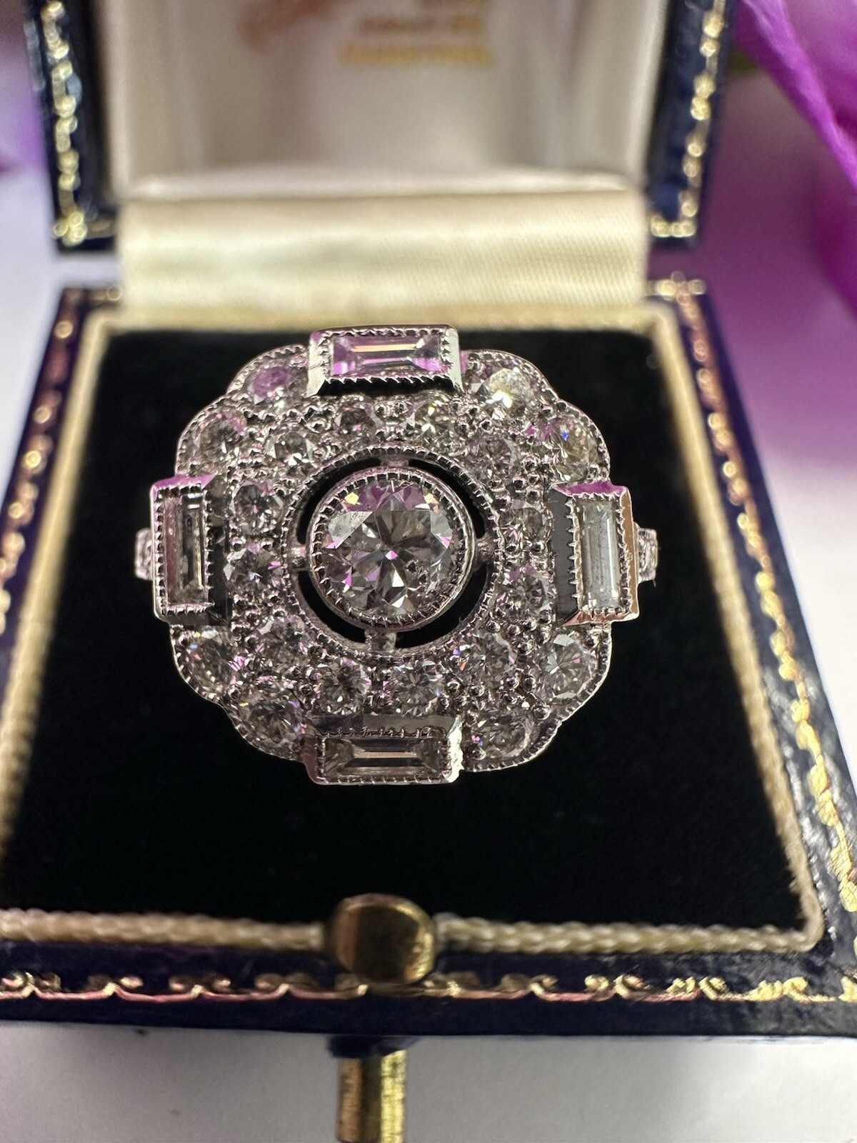 Deco Diamond Cluster In Platinum 1.25ct Baguette And Diamond Ring