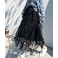 Women Tulle Mesh Skirt Irregular Ruffle Elastic Waist Tutu Skirt Pleated Chic