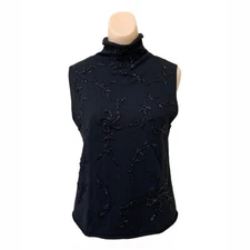 Small Black Beaded Sleeveless Top Field Manor Hong Kong Glam Witchy Whimsy Vtg