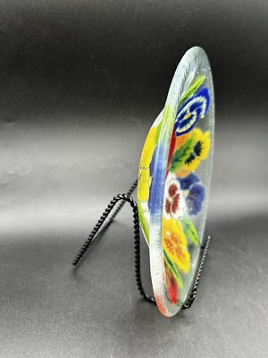 Peggy Karr Signed Fused Art Glass 8” Bowl Pansies Design PKG