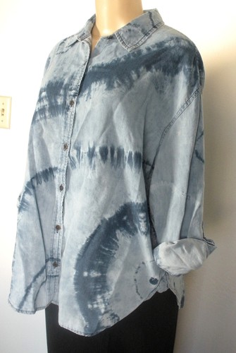 Camisa Top Gloria Vanderbilt L Azul Lavado Ácido Pestaña Enrollable Algodón Abotonada - Imagen 4 de 7