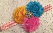 Yellow Turquoise Pink Jeweled Triple Shabby Flower Headband