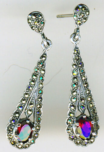 925 Sterling Silver Garnet & Marcasite Drop / Dangle Earrings L 35mm  (1.3/8") - Afbeelding 1 van 1